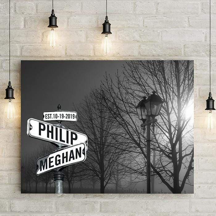 Personalized Street Sign with Names in foggy park with lamp post and winter trees. Canvas home decor is perfect artwork for living room or bedroom, and makes a unique personalized wedding gift. LemonsAreBlue Lemons Are Blue Brand