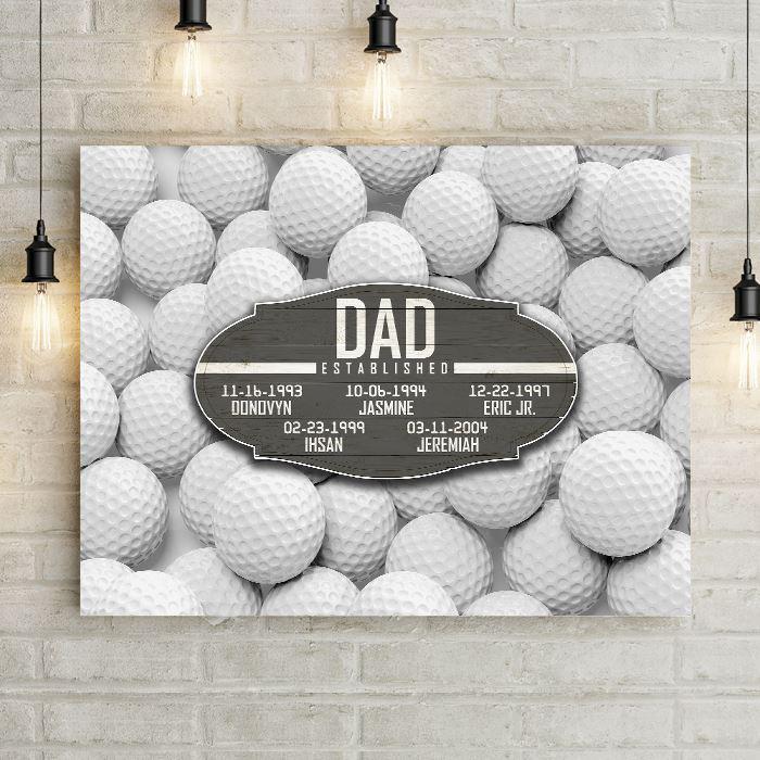 Golf Dad Established Date Canvas Print Wall Hanging.  Beautiful Home Decor, Office Decoration, or Man Cave Sign.  Best Father's Day Gift Idea for #1 Dad. Carved wood Sign for sports enthusiast on a background of sports-themed wall art.