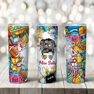 Personalized Gift for Teacher - Colorful Cute Full Wrap 20 oz Skinny Tumbler with Custom Text