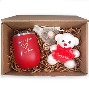 Personalized Valentines Day Gift Box comes with Wine Tumbler plus Wine Stoppers and Teddy Bear - Perfect Valentines Day Gift For Her
