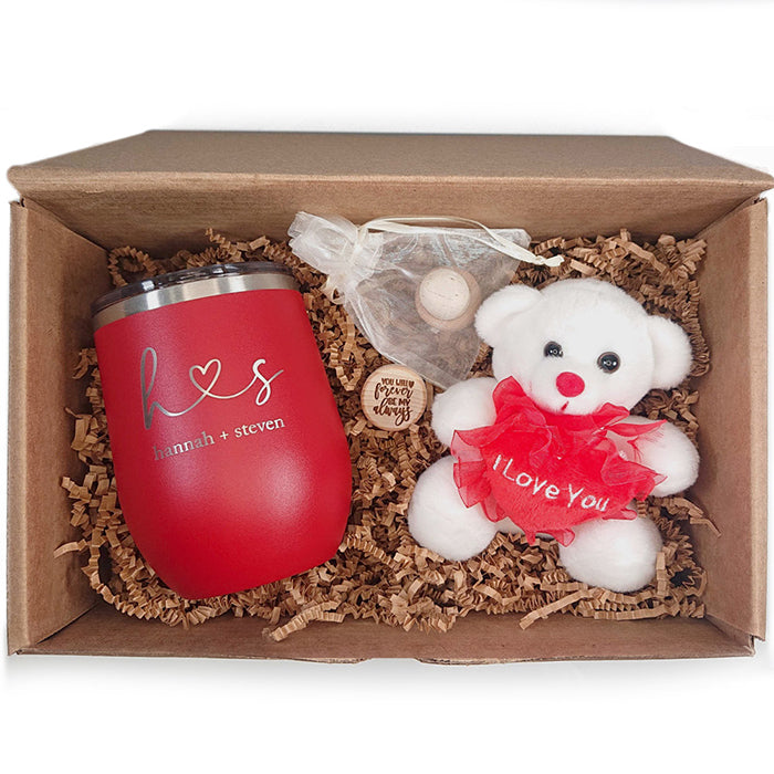 Personalized Valentines Day Gift Box comes with Wine Tumbler plus Wine Stoppers and Teddy Bear - Perfect Valentines Day Gift For Her