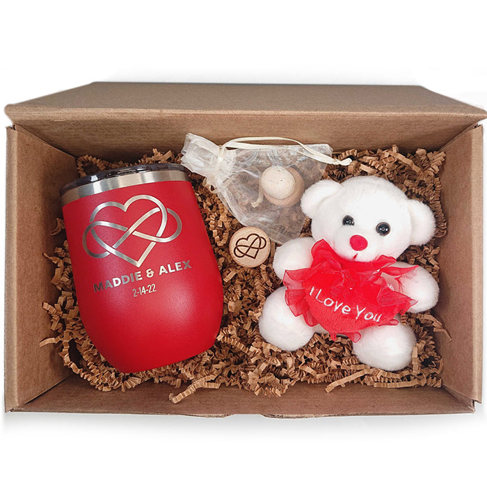 Personalized Valentines Day Gift Box comes with Wine Tumbler plus Wine Stoppers and Teddy Bear - Perfect Valentines Day Gift For Her