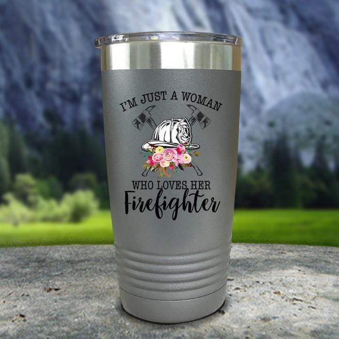 Just A Woman Who Loves Her Firefighter Color Printed Tumblers Tumbler ZLAZER 20oz Tumbler Gray 