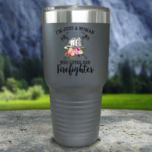 Just A Woman Who Loves Her Firefighter Color Printed Tumblers Tumbler Nocturnal Coatings 30oz Tumbler Gray 