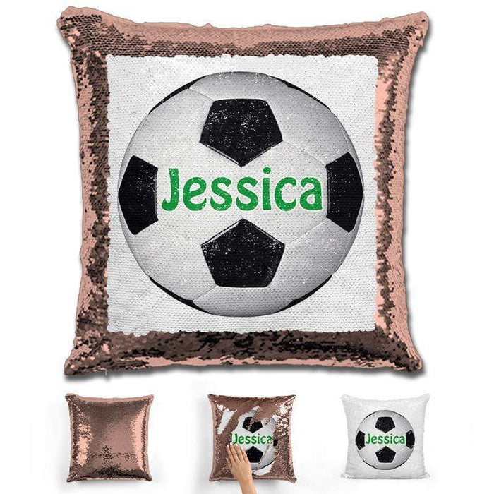 Soccer Personalized Magic Sequin Pillow Pillow GLAM Rose Gold Green 