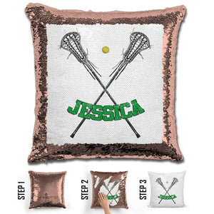 Lacrosse Personalized Magic Sequin Pillow Pillow GLAM Rose Gold Green 