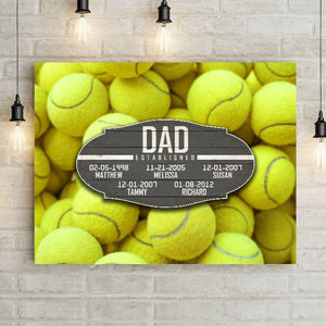 Tennis Dad Established Date Canvas Print Wall Hanging.  Beautiful Home Decor, Office Decoration, or Man Cave Sign.  Best Father's Day Gift Idea for #1 Dad. Carved wood Sign for sports enthusiast on a background of sports-themed wall art.
