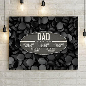 Hockey Dad Established Date Canvas Print Wall Hanging.  Beautiful Home Decor, Office Decoration, or Man Cave Sign.  Best Father's Day Gift Idea for #1 Dad. Carved wood Sign for sports enthusiast on a background of sports-themed wall art.