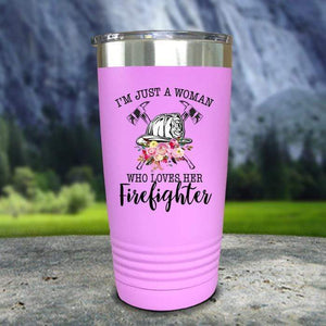 Just A Woman Who Loves Her Firefighter Color Printed Tumblers Tumbler Nocturnal Coatings 20oz Tumbler Lavender 