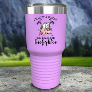 Just A Woman Who Loves Her Firefighter Color Printed Tumblers Tumbler Nocturnal Coatings 30oz Tumbler Lavender 