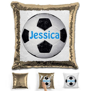Soccer Personalized Magic Sequin Pillow Pillow GLAM Gold Light Blue 
