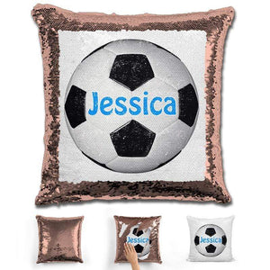 Soccer Personalized Magic Sequin Pillow Pillow GLAM Rose Gold Light Blue 