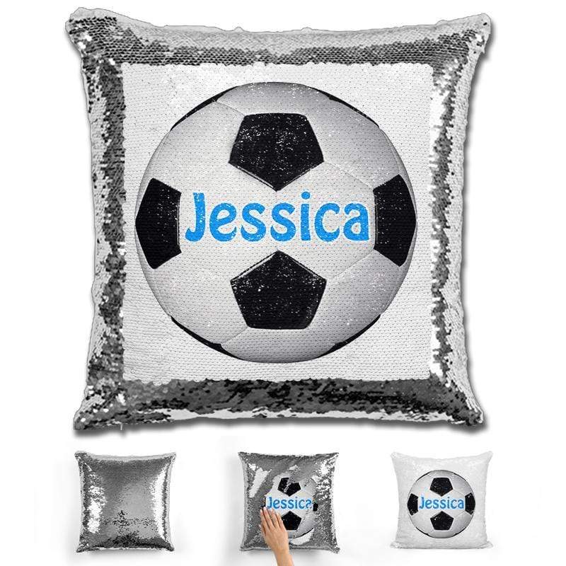 Soccer Personalized Magic Sequin Pillow Pillow GLAM Silver Light Blue 