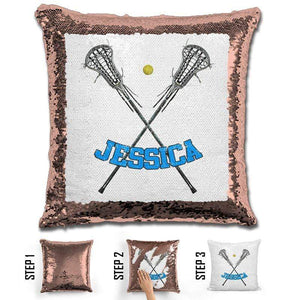 Lacrosse Personalized Magic Sequin Pillow Pillow GLAM Rose Gold Light Blue 