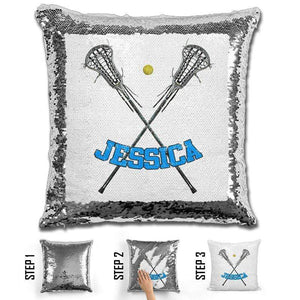 Lacrosse Personalized Magic Sequin Pillow Pillow GLAM Silver Light Blue 