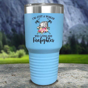 Just A Woman Who Loves Her Firefighter Color Printed Tumblers Tumbler Nocturnal Coatings 30oz Tumbler Light Blue 