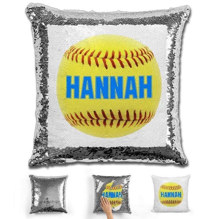 Softball Personalized Magic Sequin Pillow Pillow GLAM Silver Light Blue 