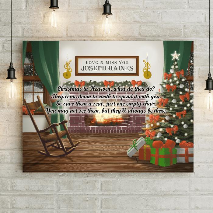 Christmas in Heaven Empty Chair Fireplace Memorial Wall Art. Canvas Print with Memorial Poem, Christmas in Heaven what do they do? They come down to earth to spend it with you. In Memory Christmas Decorations.