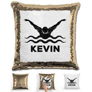 Male Swimmer Personalized Magic Sequin Pillow Pillow GLAM Gold Black 