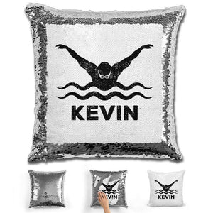 Male Swimmer Personalized Magic Sequin Pillow Pillow GLAM Silver Black 