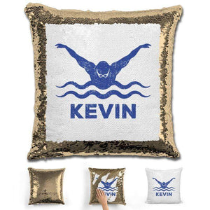 Male Swimmer Personalized Magic Sequin Pillow Pillow GLAM Gold Blue 