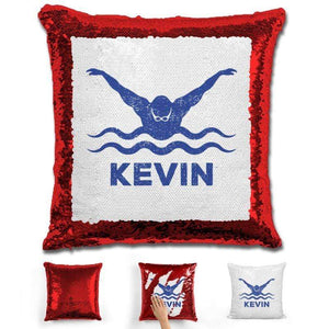 Male Swimmer Personalized Magic Sequin Pillow Pillow GLAM Red Blue 