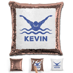 Male Swimmer Personalized Magic Sequin Pillow Pillow GLAM Rose Gold Blue 
