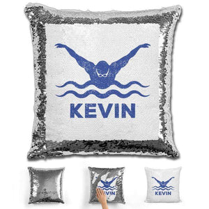 Male Swimmer Personalized Magic Sequin Pillow Pillow GLAM Silver Blue 