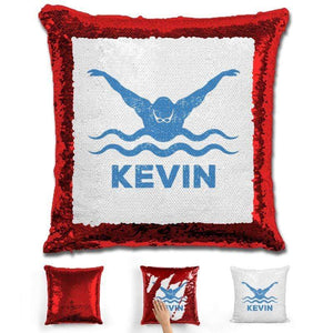 Male Swimmer Personalized Magic Sequin Pillow Pillow GLAM Red Light Blue 