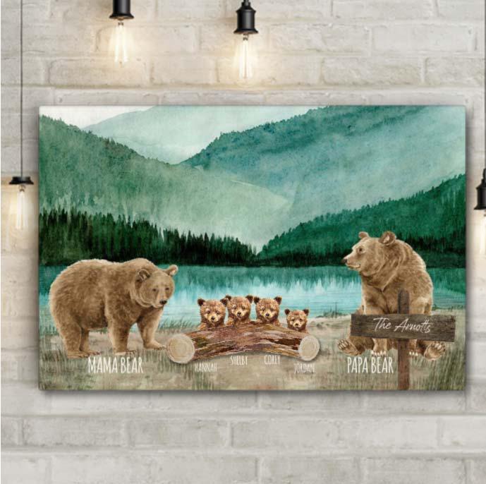 Personalized family name wall art mama bear family names canvas watercolor. Best Family Gift of 2021.