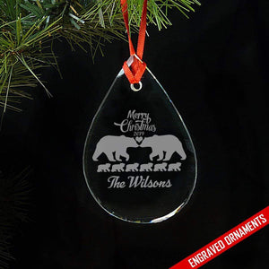 Mama Papa Bear Family With Kids (CUSTOM) Premium Engraved Glass Ornament ZLAZER Tear Drop 