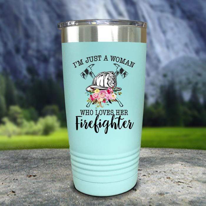 Just A Woman Who Loves Her Firefighter Color Printed Tumblers Tumbler ZLAZER 20oz Tumbler Mint 