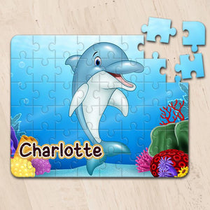 Personalized Jigsaw Puzzles - Blue Dolphin with Kid's Name