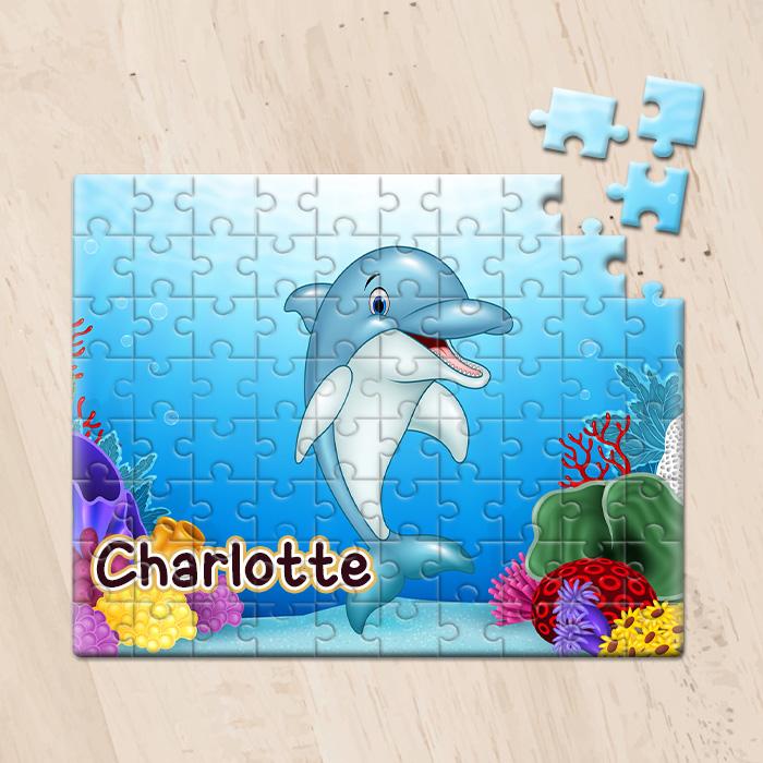 Personalized Jigsaw Puzzles - Blue Dolphin with Kid's Name