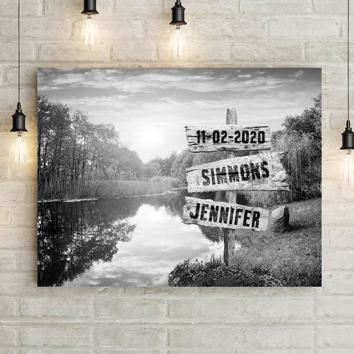 Personalized River & Love Sign B&W Premium Canvas