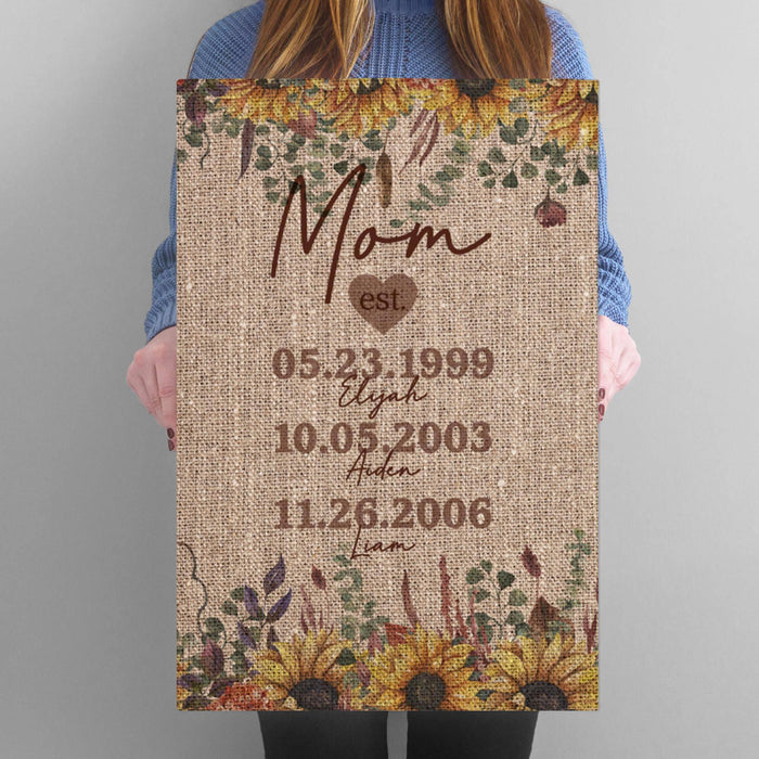 Personalized Mom Established Family Name Canvas - Burlap & Sunflower Canvas Wall Art