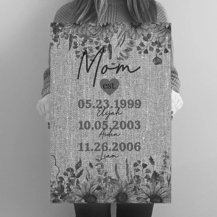 Personalized Mom Established Family Name B&W Canvas - Burlap & Sunflower Canvas Wall Art