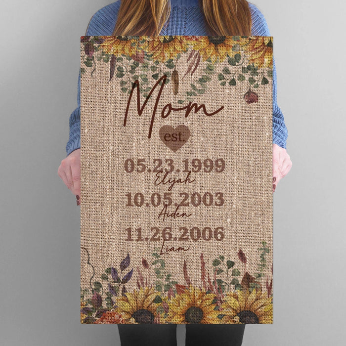 Personalized Mom Established Family Name B&W Canvas - Burlap & Sunflower Canvas Wall Art