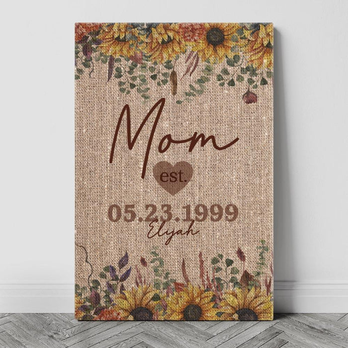 Personalized Mom Established Family Name Canvas - Burlap & Sunflower Canvas Wall Art