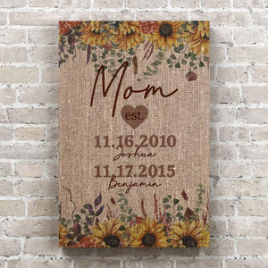 Personalized Mom Established Family Name Canvas - Burlap & Sunflower Canvas Wall Art