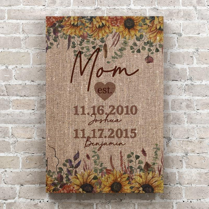 Personalized Mom Established Family Name B&W Canvas - Burlap & Sunflower Canvas Wall Art