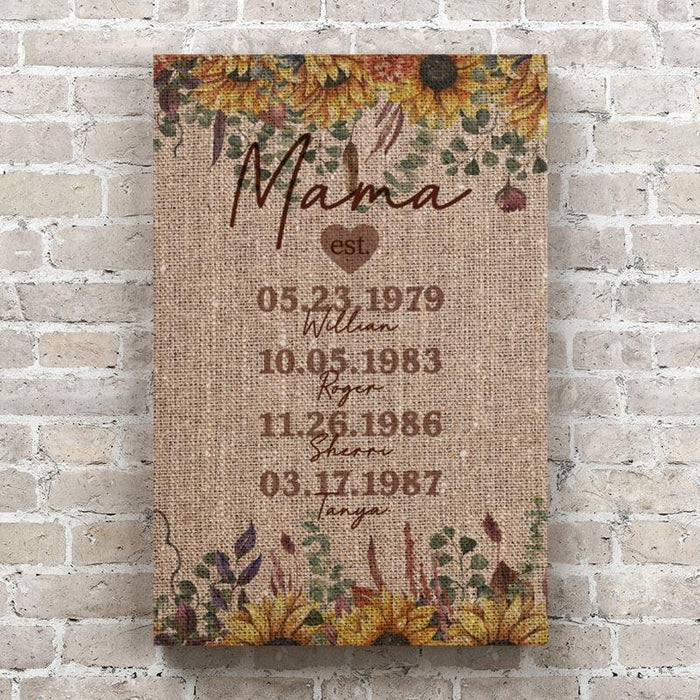 Personalized Mom Established Family Name Canvas - Burlap & Sunflower Canvas Wall Art