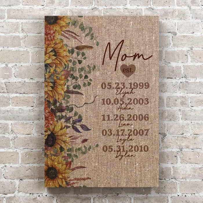 Personalized Mom Established Family Name B&W Canvas - Burlap & Sunflower Canvas Wall Art