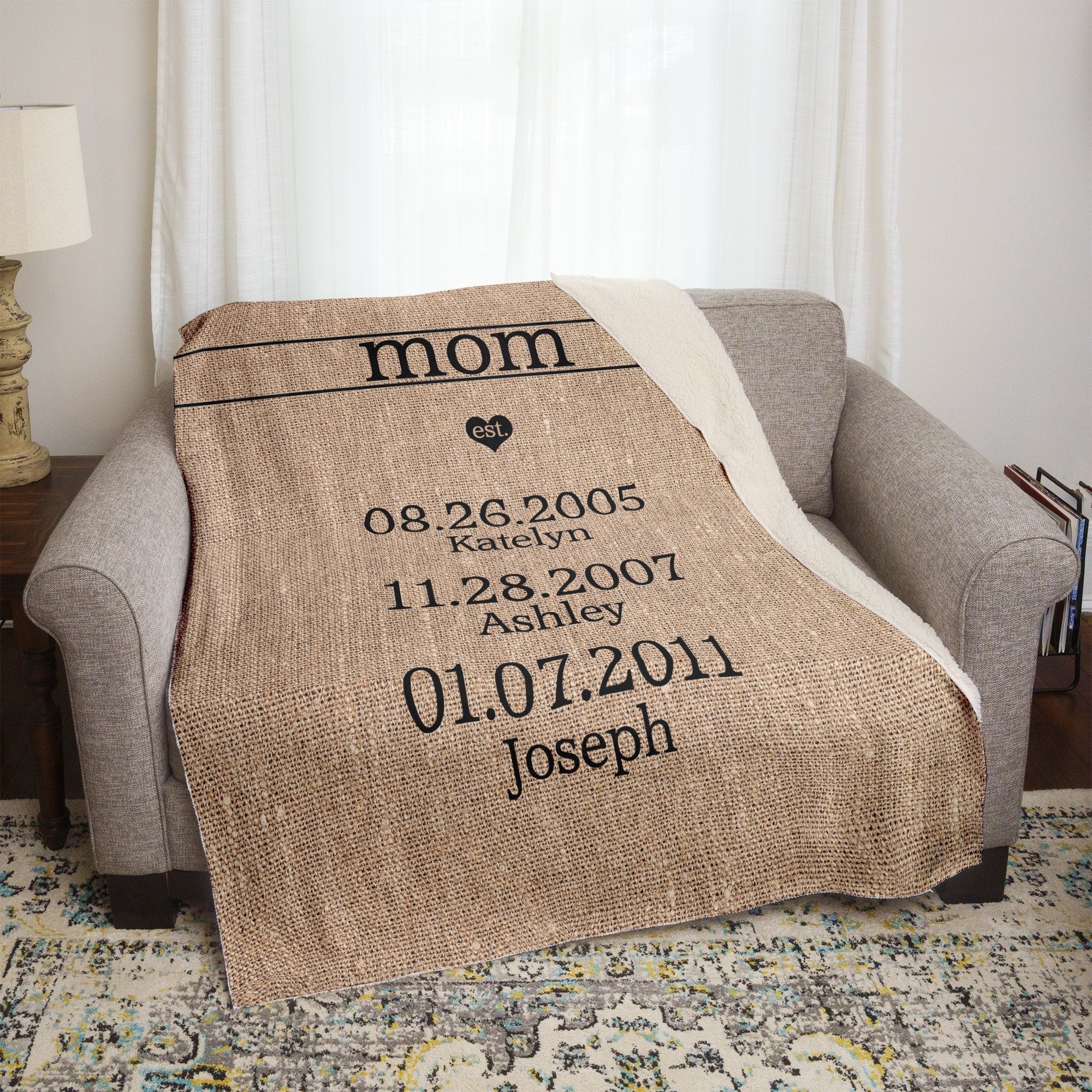 Personalized Mother's Day Mom Established Blanket. Add up to 7 kids' names and birthdays with this gorgeous sherpa blanket for mom. Available in throw and queen sizes. 