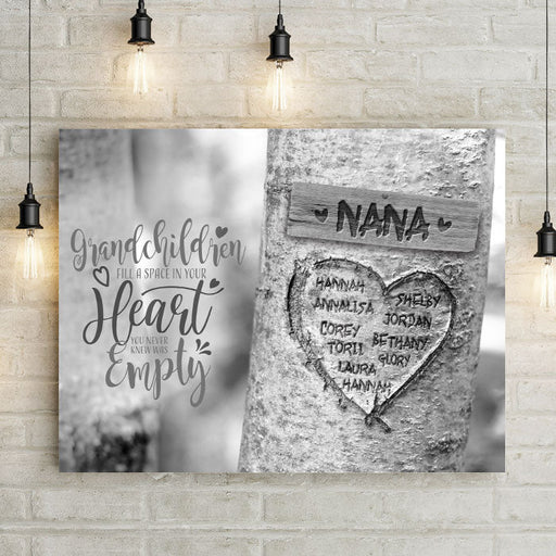 Grandparent carved tree wall decor with personalized grandchildren names on custom canvas. Grandchildren fill a space in your heart you never knew was empty.