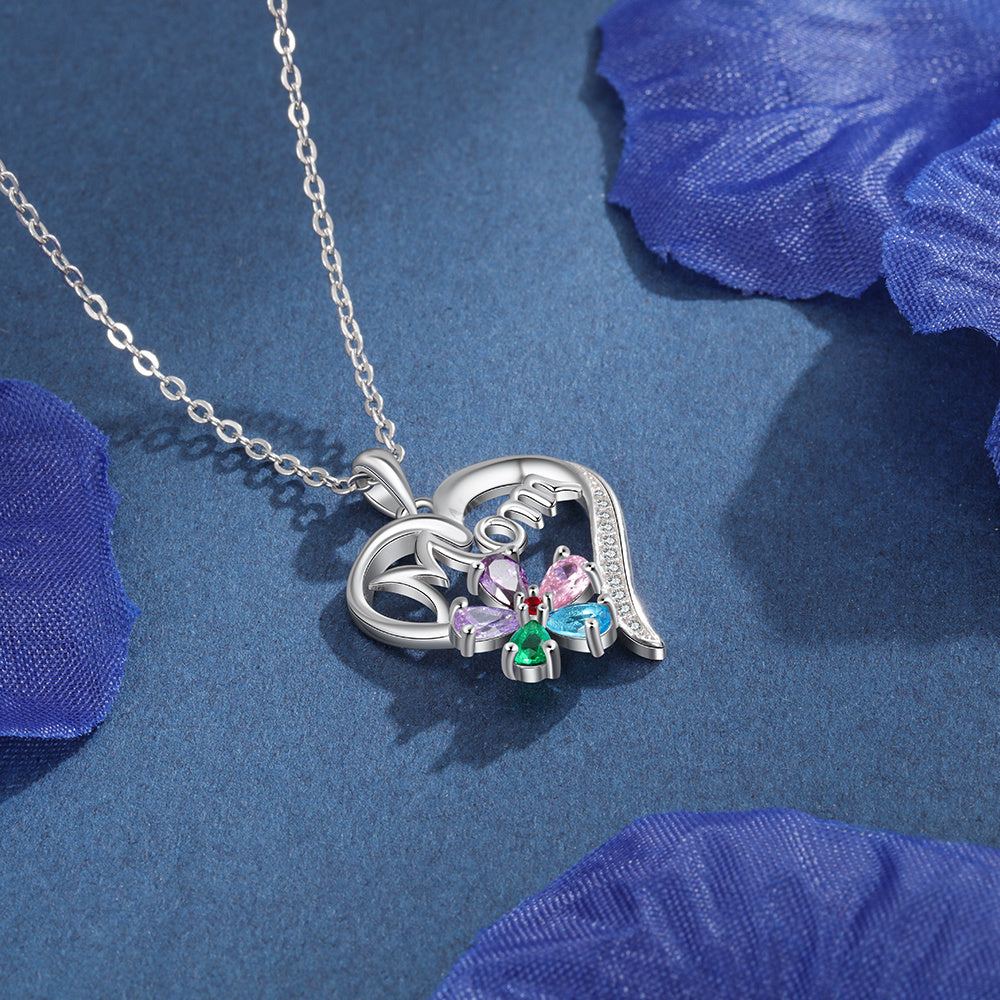 Personalized Necklace with Customize Mom Heart-Shaped Flower Pendant, Add up to 5 Birthstones