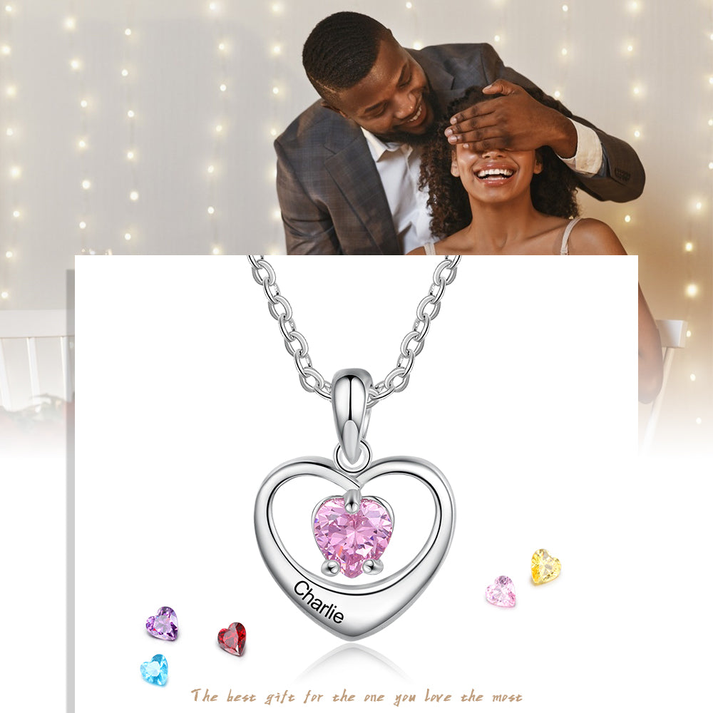 Customized Heart Necklace with Inlaid Birthstone Personalized Name Engraving Heart Pendant Choose 1-2 Names and Stones