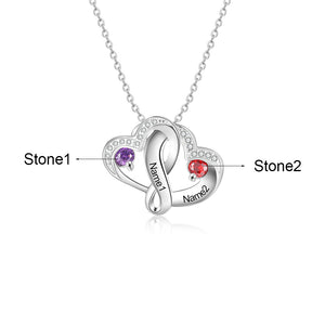 925 Sterling Silver Personalized Intertwined Heart Shaped Necklace, Engraved with 2 Birthstones and 2 Name