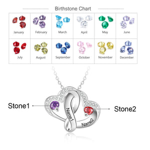 925 Sterling Silver Personalized Intertwined Heart Shaped Necklace, Engraved with 2 Birthstones and 2 Name