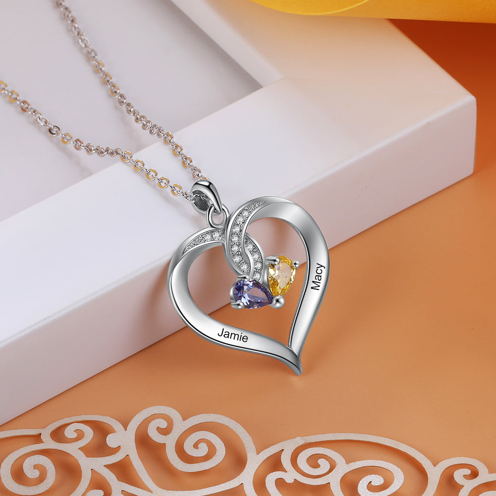 Rhodium Plated Personalized Copper Heart Pendant for Women, Custom 2 Birthstones & Names Engraved